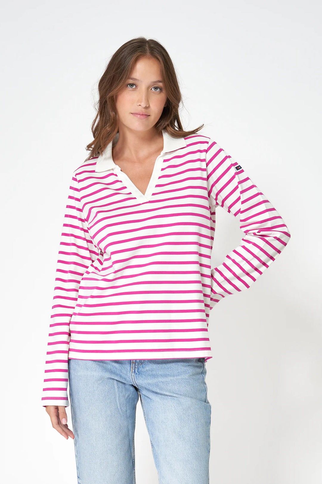 L/S V NECK POLO COLLAR STRIPE SHIRT A1887 BY BATELA