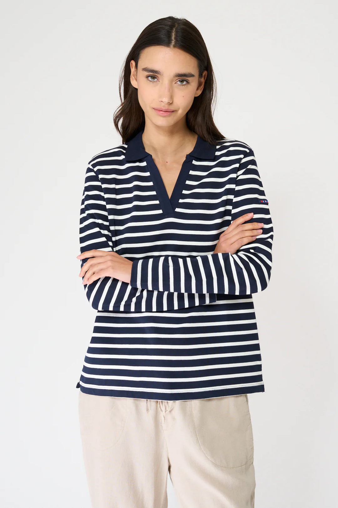 L/S V NECK POLO COLLAR STRIPE SHIRT A1887 BY BATELA